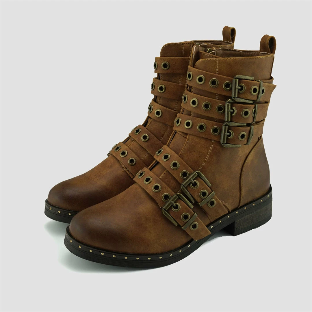 Kickfootwear WOMENS Clash Multi Strap Punk Boots - Brown 2 Kickfootwear WOMENS Clash Multi Strap Punk Boots - Brown