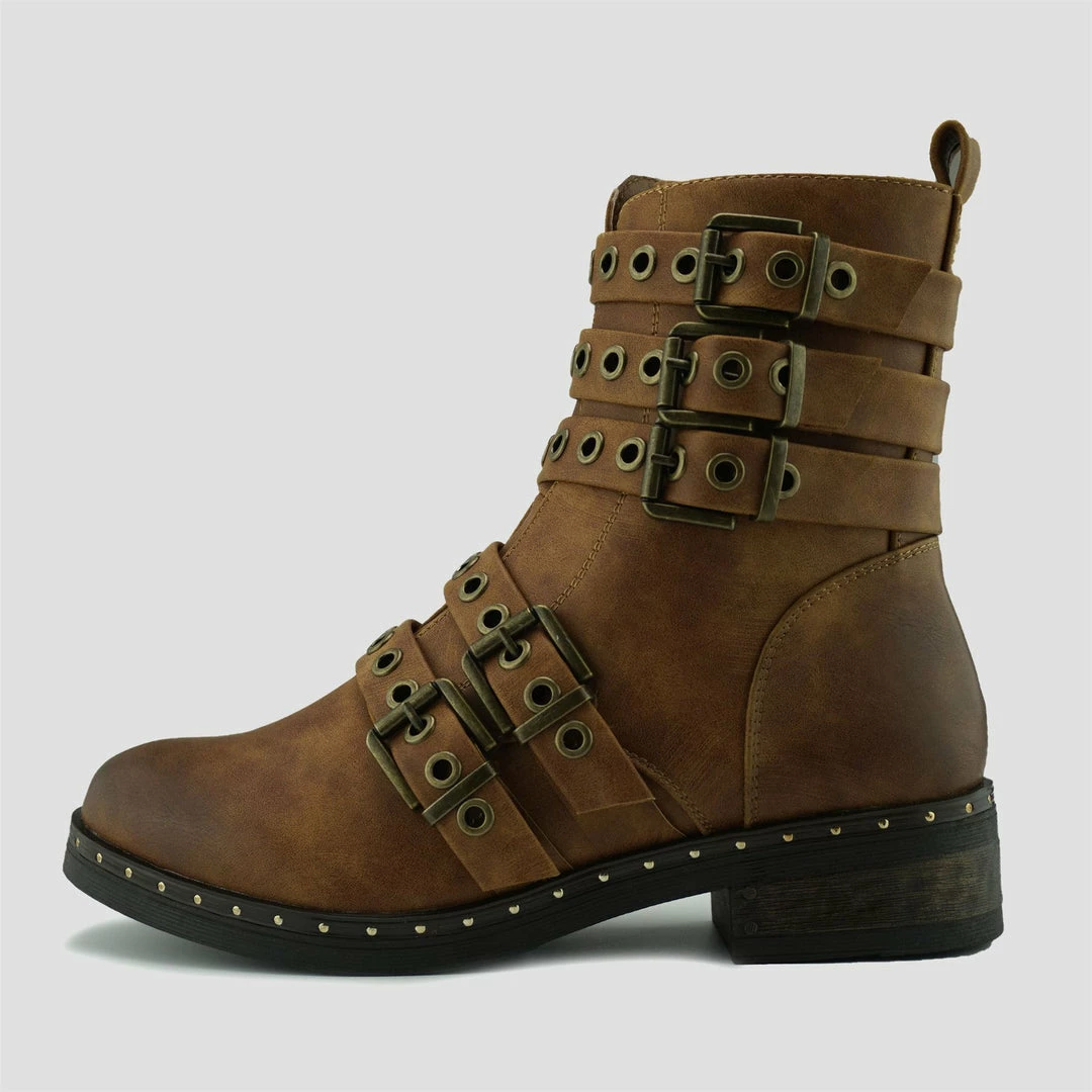 Kickfootwear WOMENS Clash Multi Strap Punk Boots - Brown 3 Kickfootwear WOMENS Clash Multi Strap Punk Boots - Brown