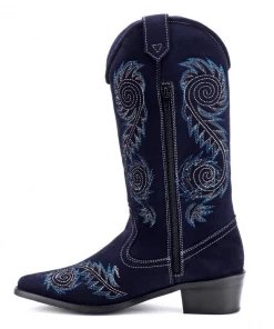 KICK FOOTWEAR WOMENS Blue Suede Embroidery Cowboy Boots