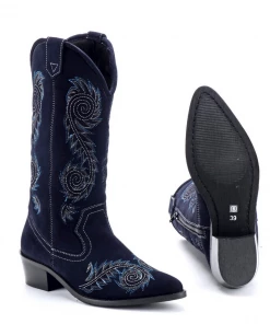 KICK FOOTWEAR WOMENS Blue Suede Embroidery Cowboy Boots