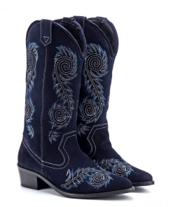 KICK FOOTWEAR WOMENS Blue Suede Embroidery Cowboy Boots