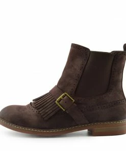 Kickfootwear Brogue Detail Pull On Fringe Chelsea Style Boots - Brown WOMENS