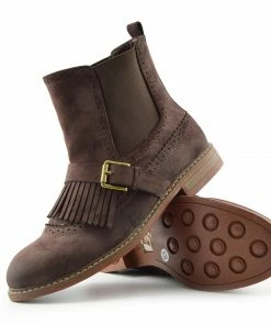 Kickfootwear Brogue Detail Pull On Fringe Chelsea Style Boots - Brown WOMENS
