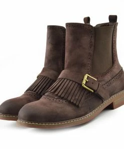 Kickfootwear Brogue Detail Pull On Fringe Chelsea Style Boots - Brown WOMENS