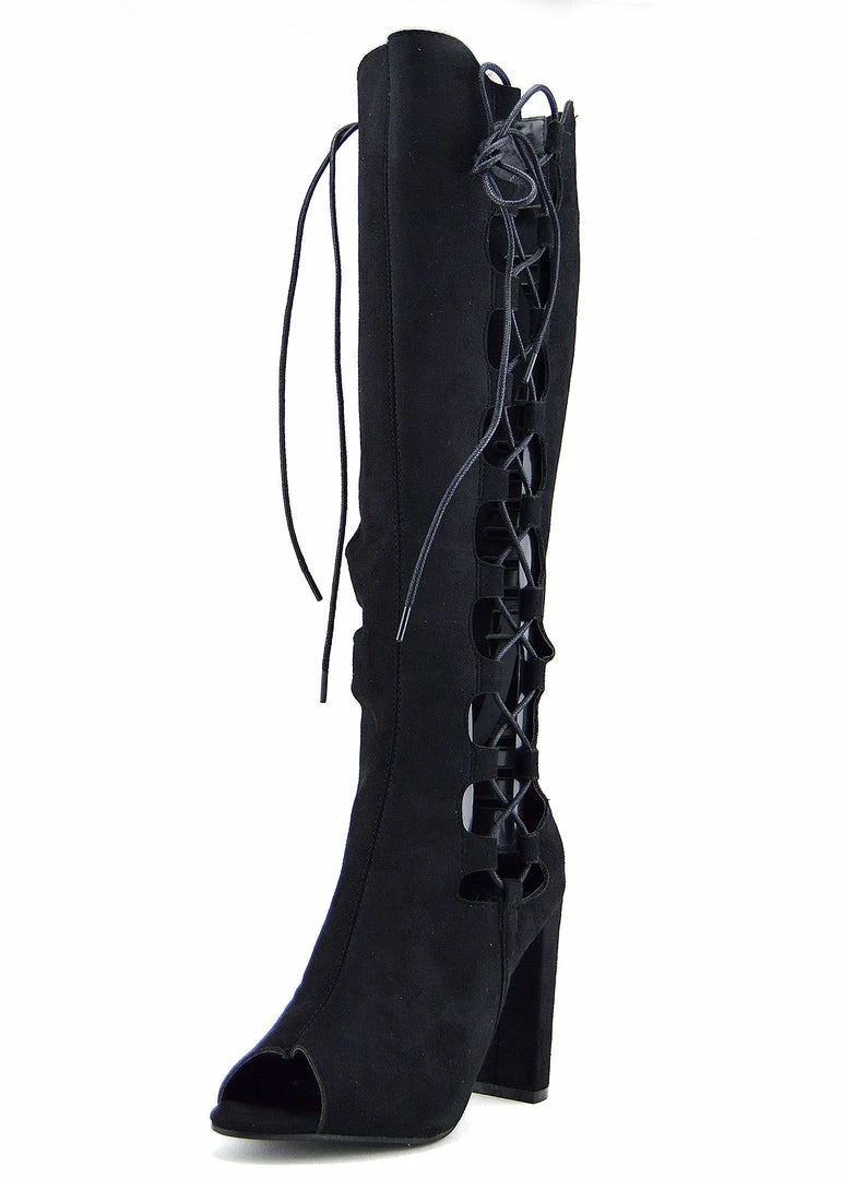 Kickfootwear Demi Side Cut Out Lace Up Peep Toe Boots - Black 5 Kickfootwear Demi Side Cut Out Lace Up Peep Toe Boots - Black