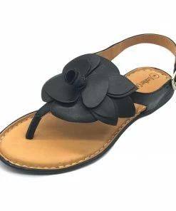 Kickfootwear Flower Design Flat Leather Sandals - Black White Pink Yellow WOMENS