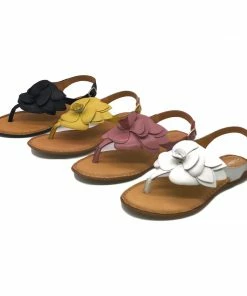 Kickfootwear Flower Design Flat Leather Sandals - Black White Pink Yellow WOMENS