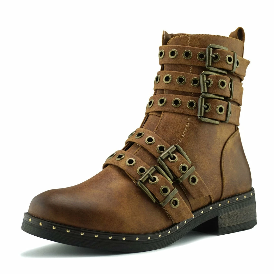 Kickfootwear WOMENS Clash Multi Strap Punk Boots - Brown 1 Kickfootwear WOMENS Clash Multi Strap Punk Boots - Brown