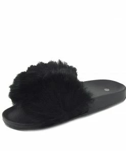 Kickfootwear Ladies Multi Pom Pom Furry Sliders Flat - Black
