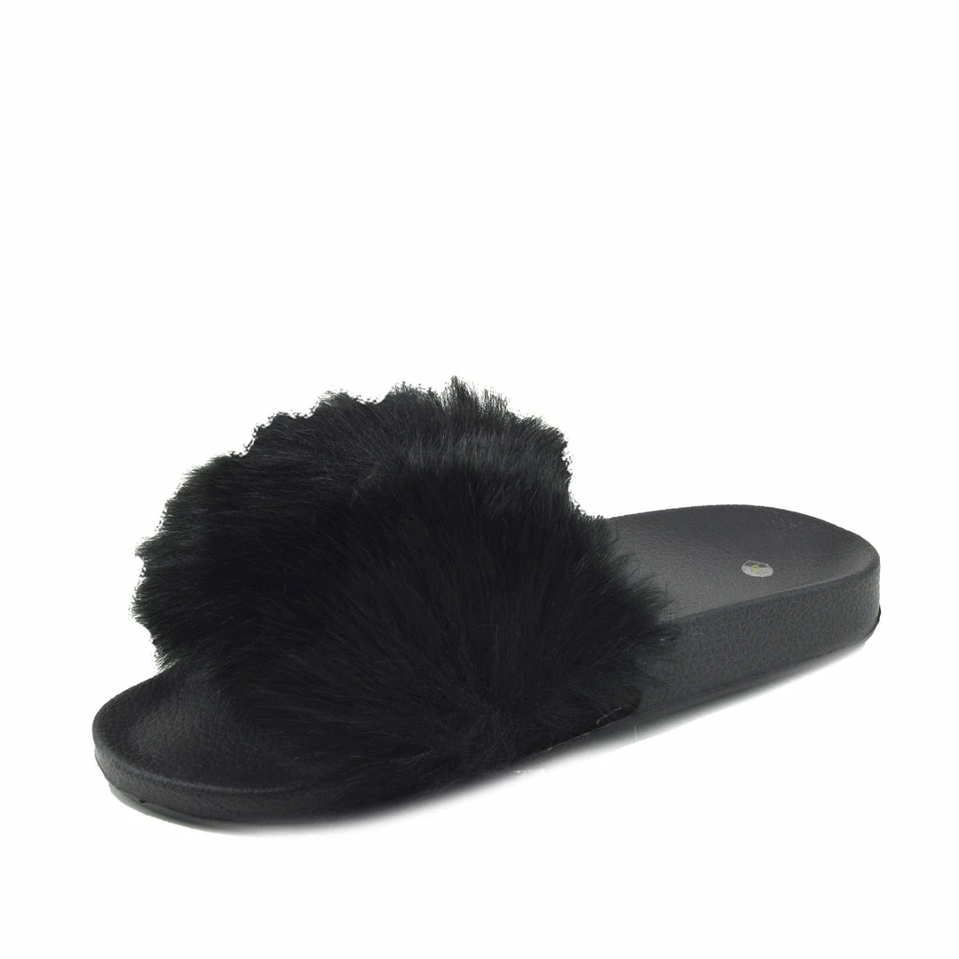 Kickfootwear Ladies Multi Pom Pom Furry Sliders Flat - Black 1 Kickfootwear Ladies Multi Pom Pom Furry Sliders Flat - Black