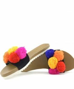 Kickfootwear WOMENS Leather Multi Pom Pom Sliders - Tan