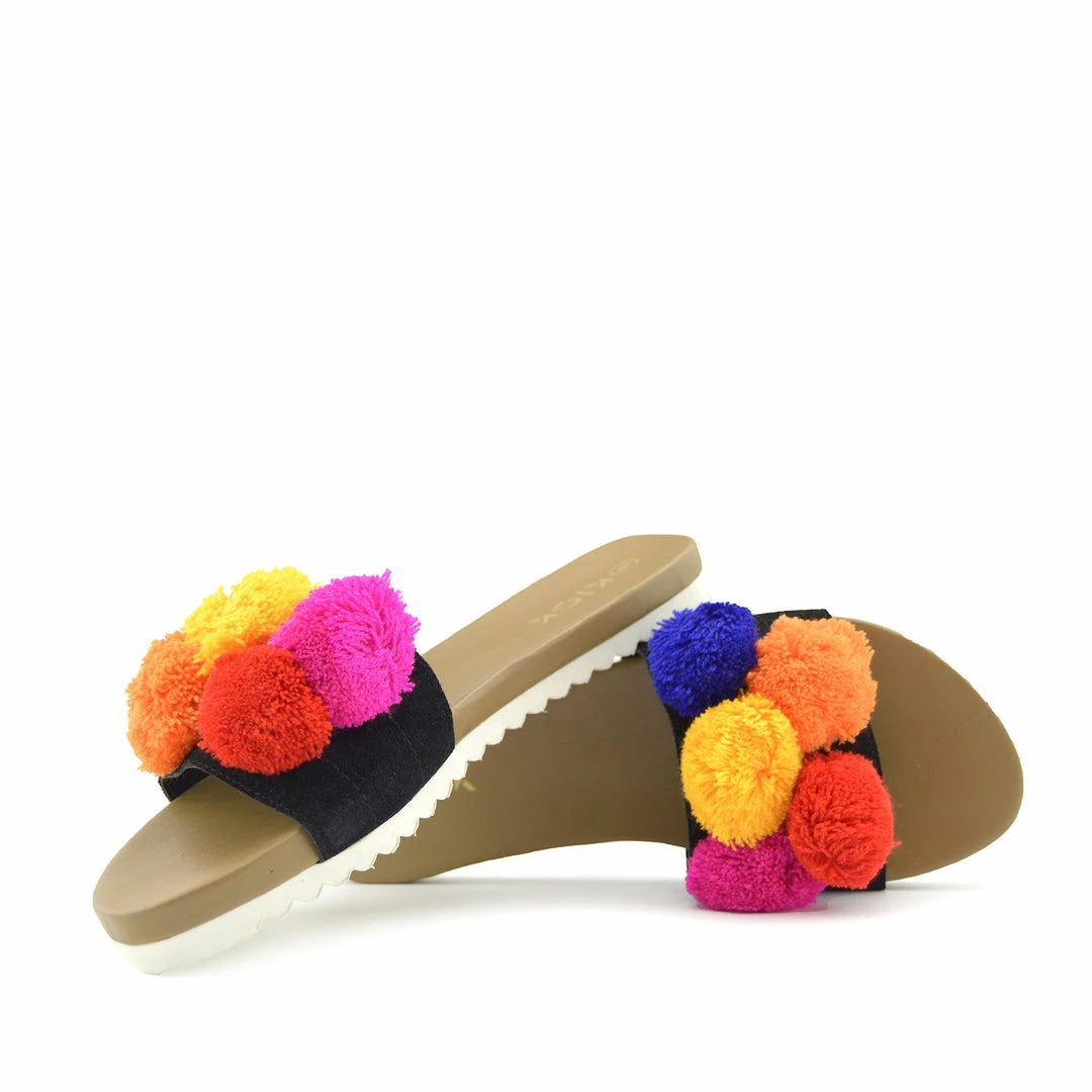 Kickfootwear WOMENS Leather Multi Pom Pom Sliders - Tan 1 Kickfootwear WOMENS Leather Multi Pom Pom Sliders - Tan