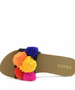 Kickfootwear WOMENS Leather Multi Pom Pom Sliders - Tan