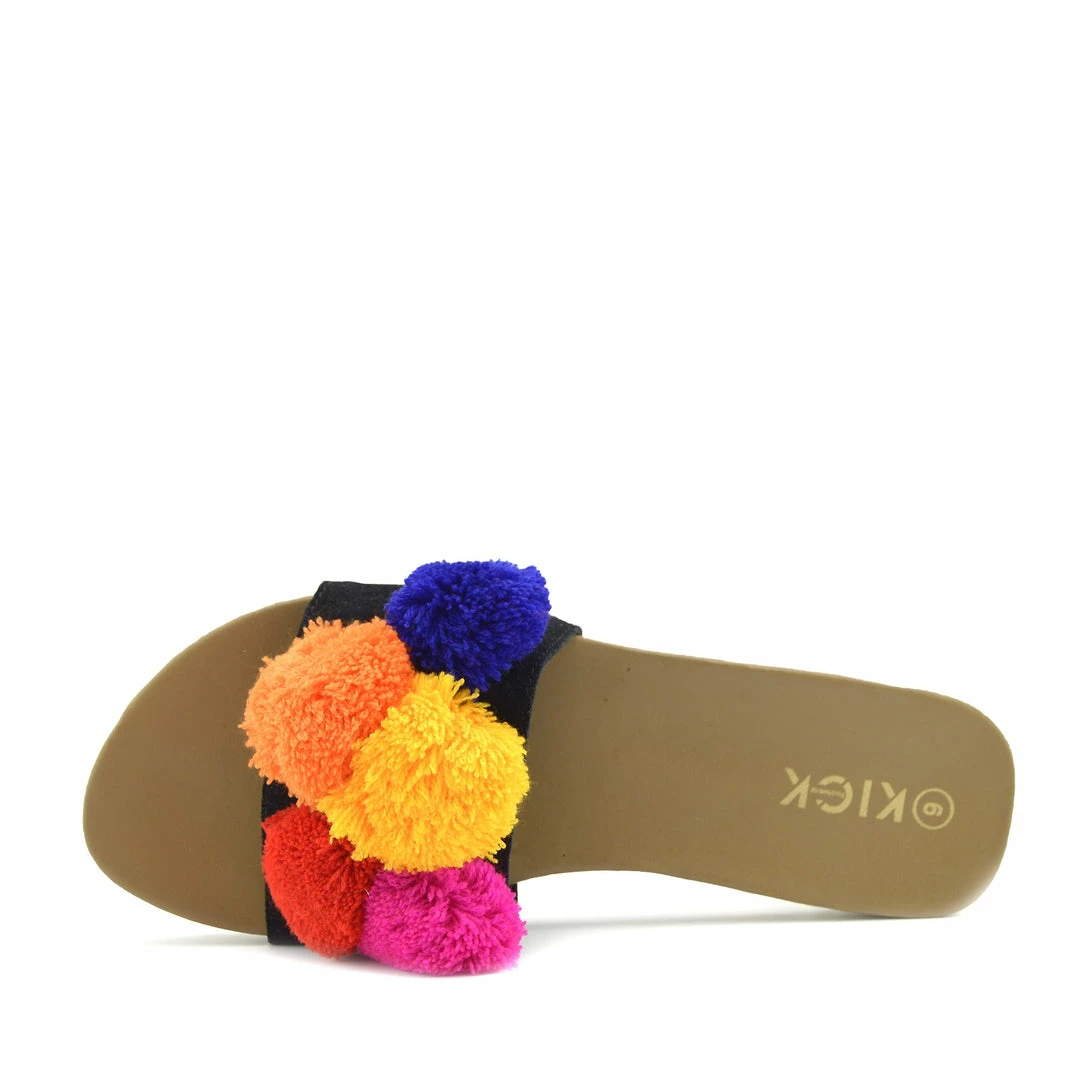 Kickfootwear WOMENS Leather Multi Pom Pom Sliders - Tan 2 Kickfootwear WOMENS Leather Multi Pom Pom Sliders - Tan