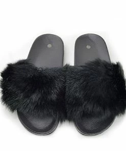 Kickfootwear Ladies Multi Pom Pom Furry Sliders Flat - Black 7 Kickfootwear Ladies Multi Pom Pom Furry Sliders Flat - Black