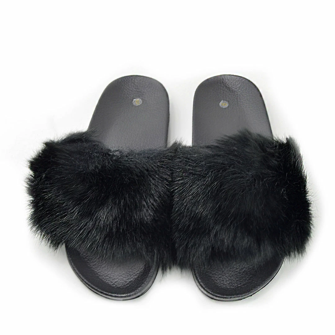 Kickfootwear Ladies Multi Pom Pom Furry Sliders Flat - Black 4 Kickfootwear Ladies Multi Pom Pom Furry Sliders Flat - Black
