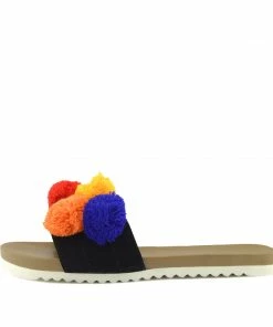 Kickfootwear WOMENS Leather Multi Pom Pom Sliders - Tan 6 Kickfootwear WOMENS Leather Multi Pom Pom Sliders - Tan