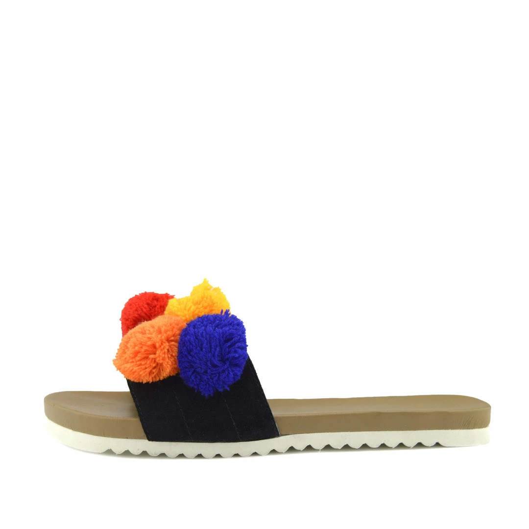 Kickfootwear WOMENS Leather Multi Pom Pom Sliders - Tan 3 Kickfootwear WOMENS Leather Multi Pom Pom Sliders - Tan