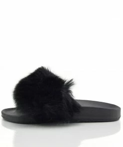 Kickfootwear Ladies Multi Pom Pom Furry Sliders Flat - Black