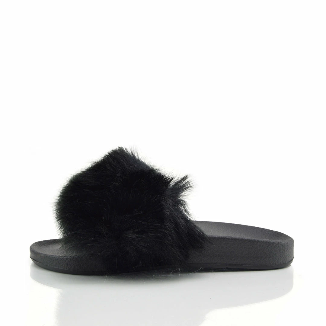 Kickfootwear Ladies Multi Pom Pom Furry Sliders Flat - Black 2 Kickfootwear Ladies Multi Pom Pom Furry Sliders Flat - Black