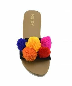 Kickfootwear WOMENS Leather Multi Pom Pom Sliders - Tan 7 Kickfootwear WOMENS Leather Multi Pom Pom Sliders - Tan