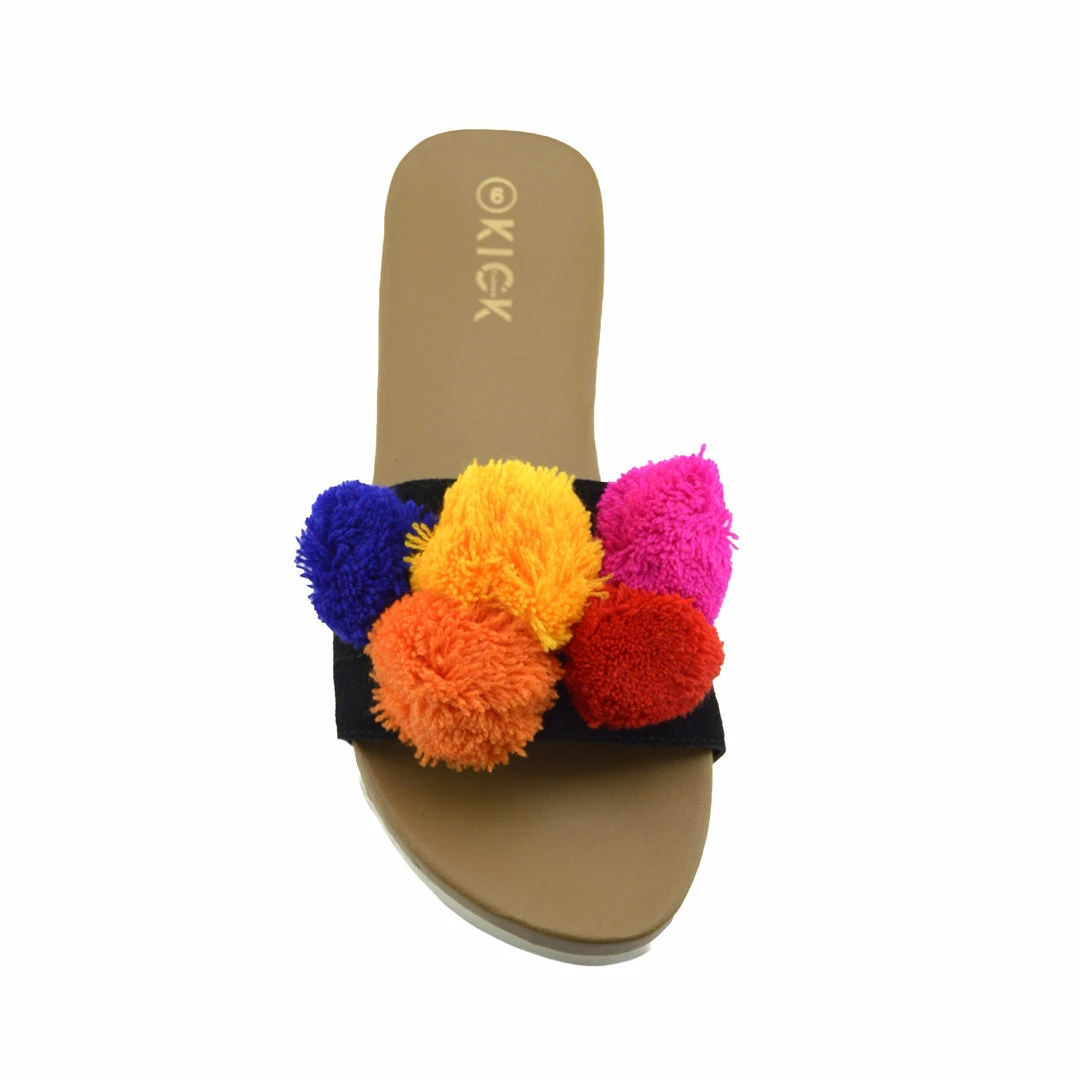 Kickfootwear WOMENS Leather Multi Pom Pom Sliders - Tan 4 Kickfootwear WOMENS Leather Multi Pom Pom Sliders - Tan