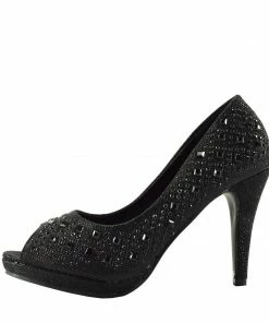 Kickfootwear WOMENS Diamante Peep Toe Sparkle Shoes - Black