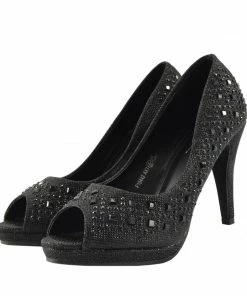 Kickfootwear WOMENS Diamante Peep Toe Sparkle Shoes - Black