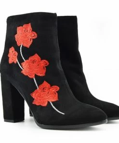 Kickfootwear Ladies Floral Print Block Heel Boots - Black-Red WOMENS