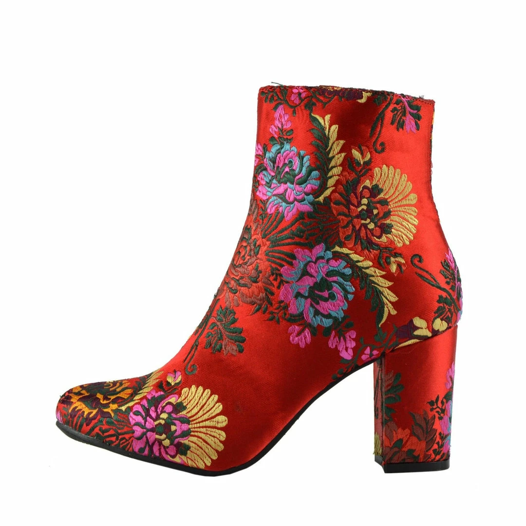 Kickfootwear Noa Floral Silk Vintage Ankle Boots - Red WOMENS 1 Kickfootwear Noa Floral Silk Vintage Ankle Boots - Red WOMENS