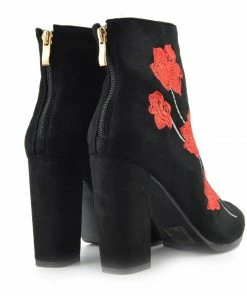 Kickfootwear Ladies Floral Print Block Heel Boots - Black-Red WOMENS