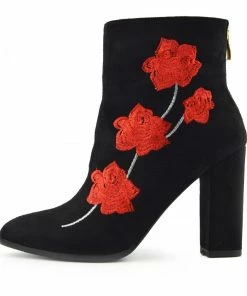 Kickfootwear Ladies Floral Print Block Heel Boots - Black-Red WOMENS