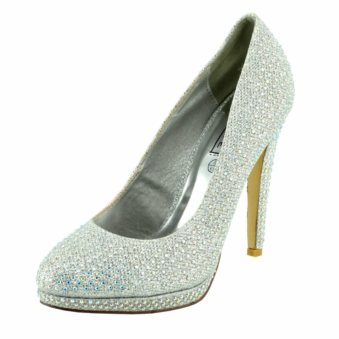 Kickfootwear Liberty Diamante Gem Glitter Court Shoes - Silver WOMENS 3 Kickfootwear Liberty Diamante Gem Glitter Court Shoes - Silver WOMENS
