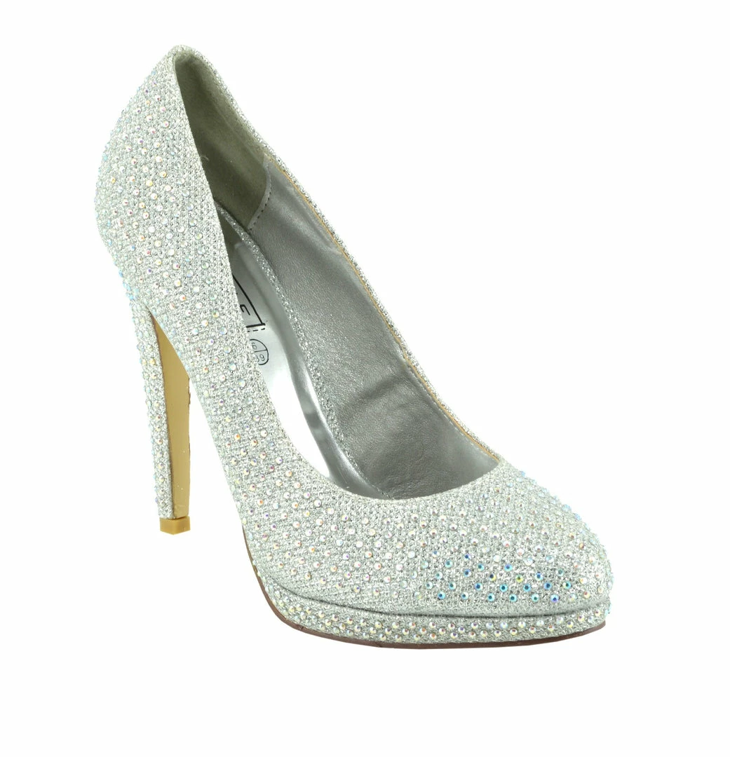 Kickfootwear Liberty Diamante Gem Glitter Court Shoes - Silver WOMENS 5 Kickfootwear Liberty Diamante Gem Glitter Court Shoes - Silver WOMENS