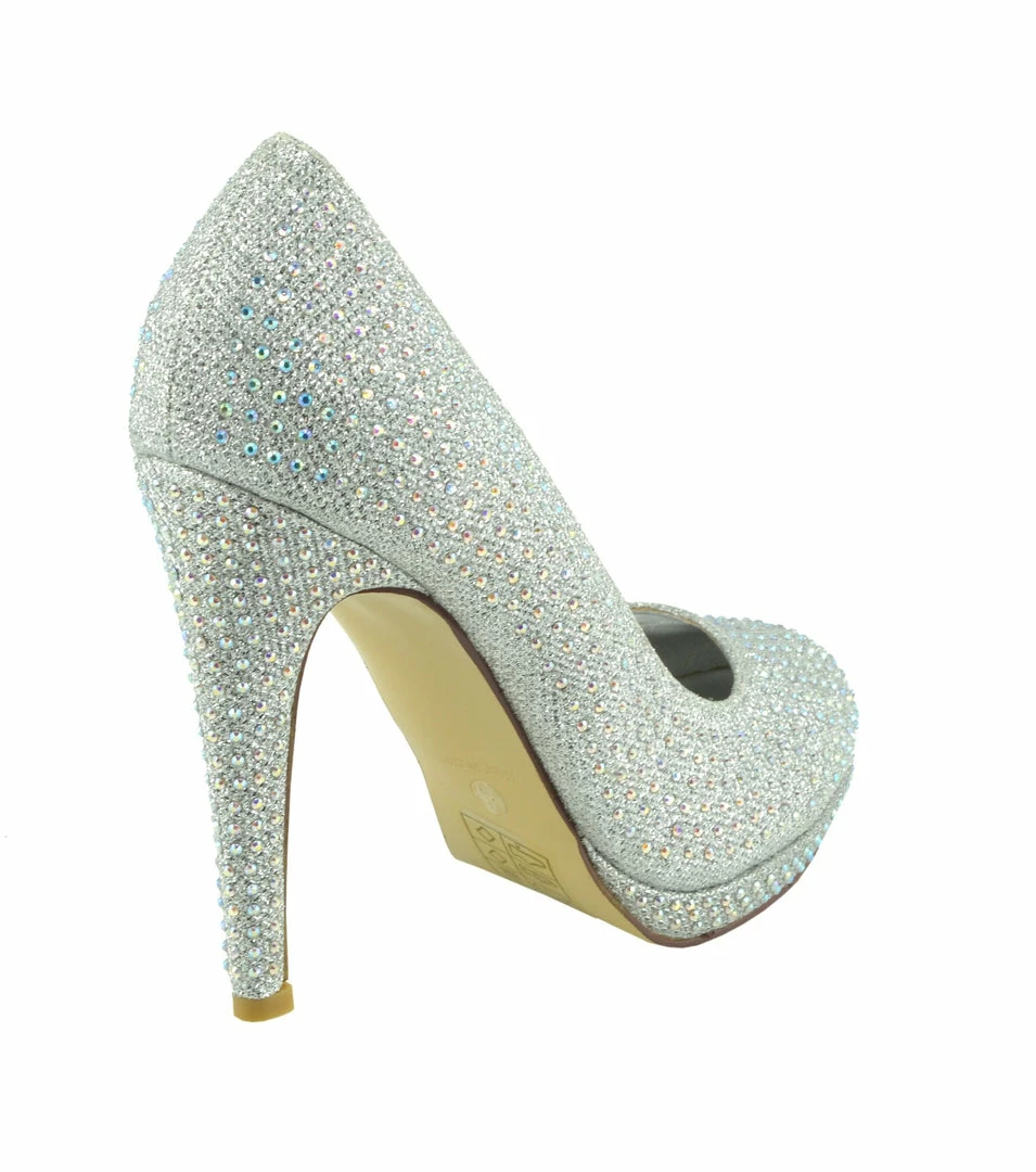 Kickfootwear Liberty Diamante Gem Glitter Court Shoes - Silver WOMENS 4 Kickfootwear Liberty Diamante Gem Glitter Court Shoes - Silver WOMENS