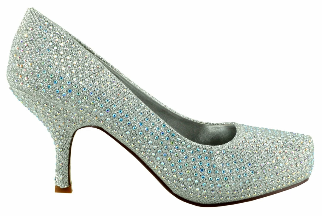 Kickfootwear WOMENS Chelsea Kitten Diamante Court Shoe - Silver 2 Kickfootwear WOMENS Chelsea Kitten Diamante Court Shoe - Silver