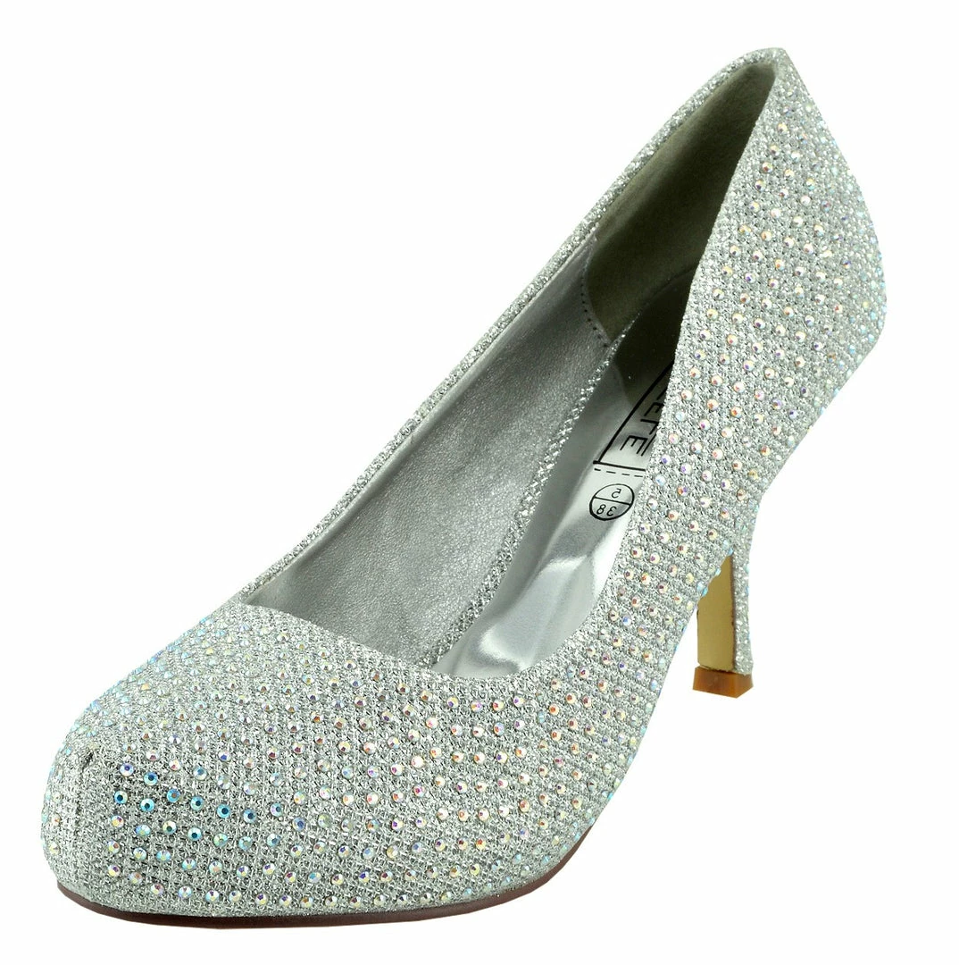 Kickfootwear WOMENS Chelsea Kitten Diamante Court Shoe - Silver 5 Kickfootwear WOMENS Chelsea Kitten Diamante Court Shoe - Silver