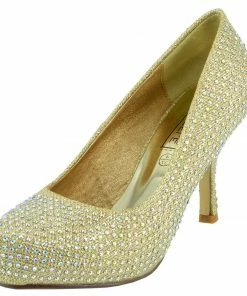 Kickfootwear Chelsea Kitten Diamante Court Shoe - Gold