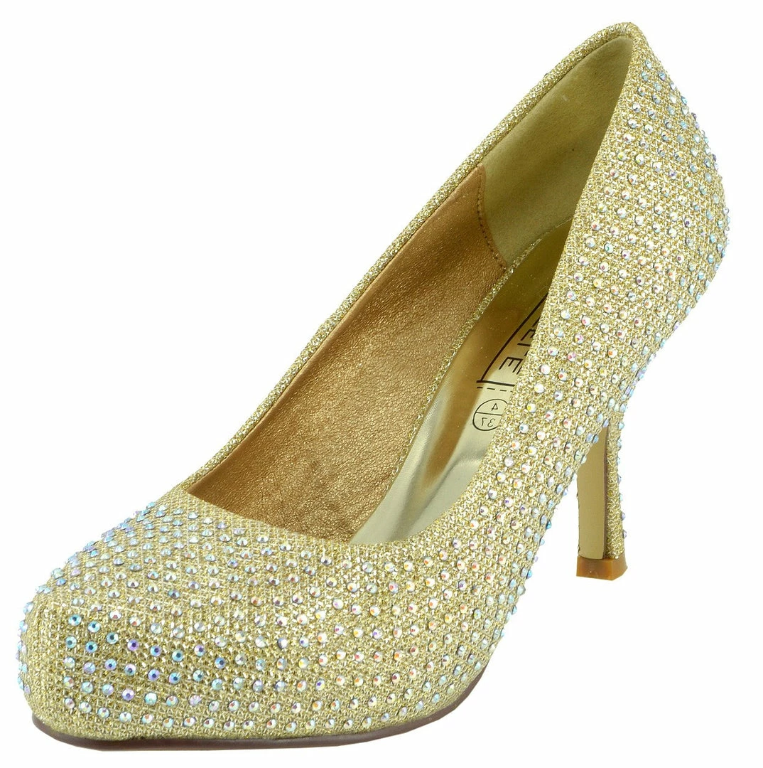 Kickfootwear Chelsea Kitten Diamante Court Shoe - Gold 2 Kickfootwear Chelsea Kitten Diamante Court Shoe - Gold