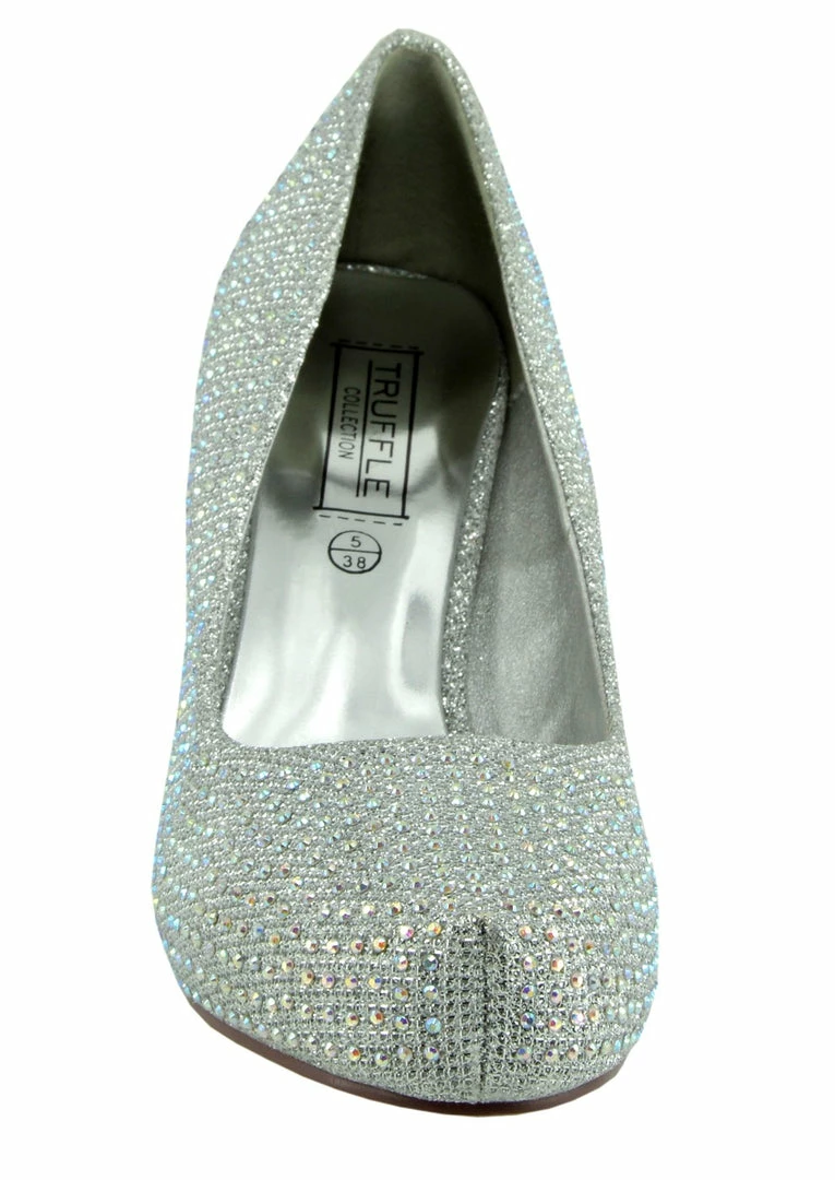 Kickfootwear WOMENS Chelsea Kitten Diamante Court Shoe - Silver 4 Kickfootwear WOMENS Chelsea Kitten Diamante Court Shoe - Silver