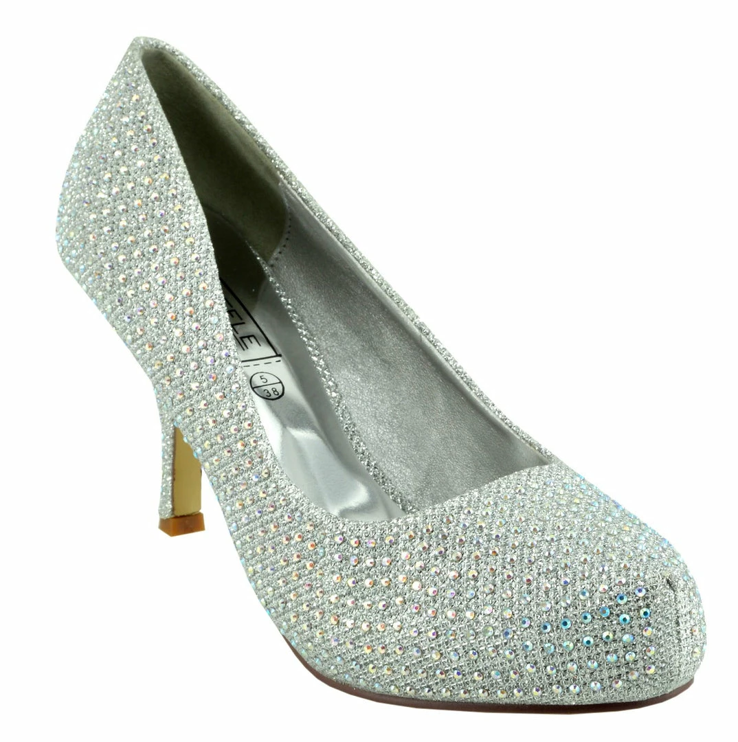 Kickfootwear WOMENS Chelsea Kitten Diamante Court Shoe - Silver 3 Kickfootwear WOMENS Chelsea Kitten Diamante Court Shoe - Silver