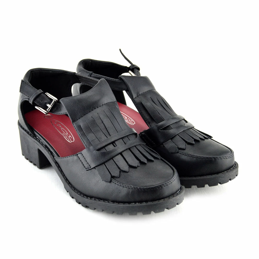Kickfootwear WOMENS Fringe Front Cut Out Smart Shoes - Black 3 Kickfootwear WOMENS Fringe Front Cut Out Smart Shoes - Black