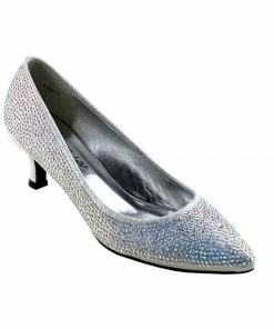 Kickfootwear Low Heel Sparkle Pointed Kitten Shoes - Silver