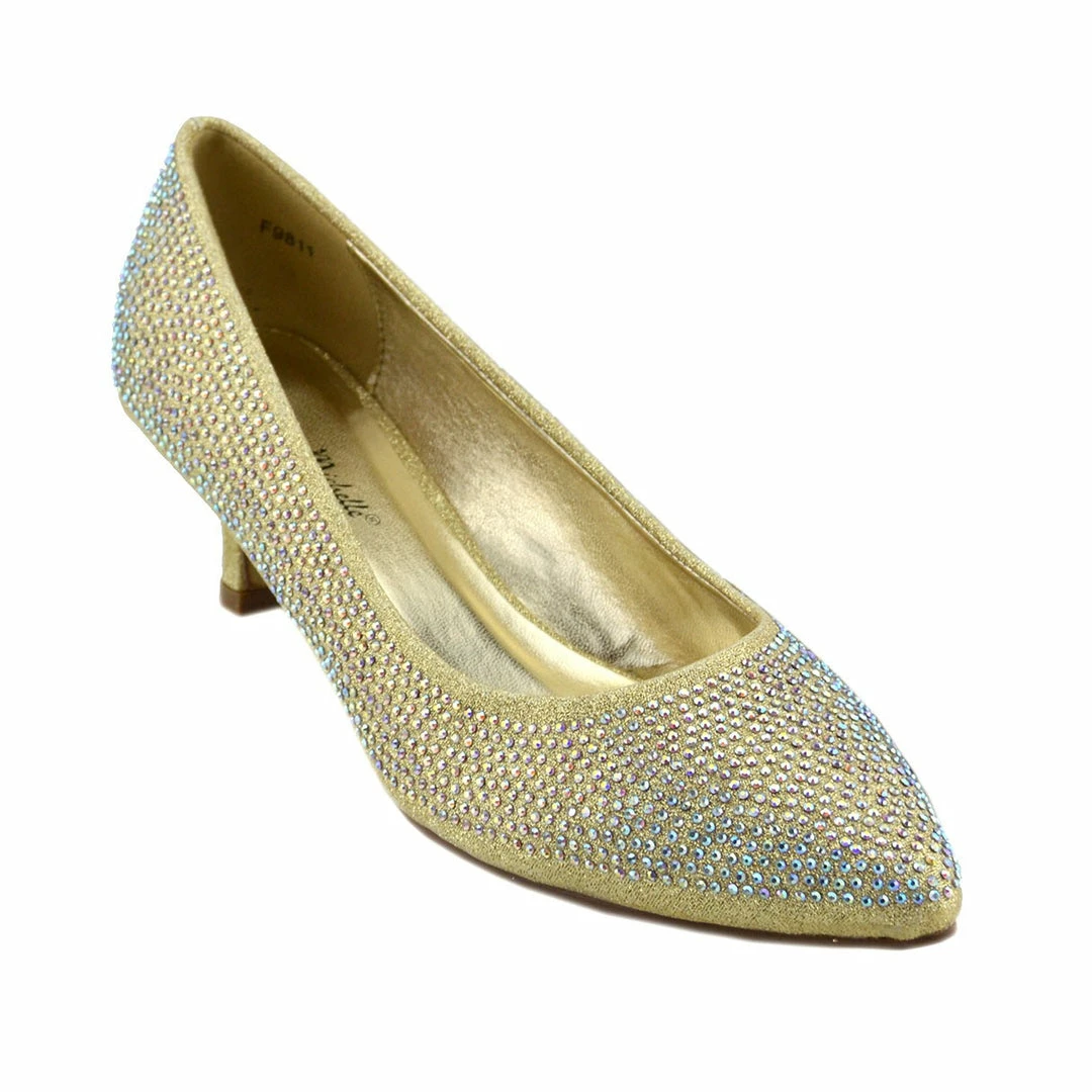 Kickfootwear Low Heel Sparkle Pointed Kitten Shoes - Gold WOMENS 5 Kickfootwear Low Heel Sparkle Pointed Kitten Shoes - Gold WOMENS