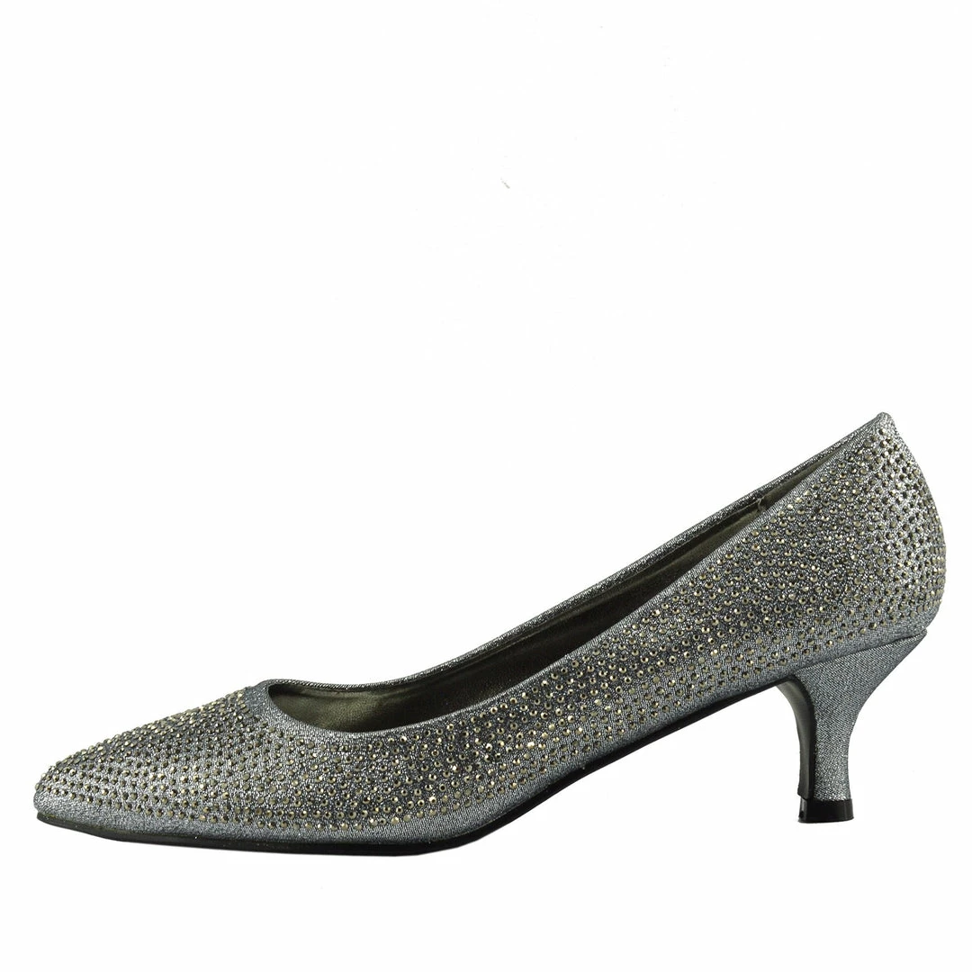 Kickfootwear Low Heel Sparkle Pointed Kitten Shoes - Pewter WOMENS 1 Kickfootwear Low Heel Sparkle Pointed Kitten Shoes - Pewter WOMENS