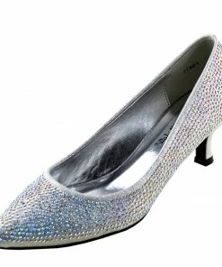 Kickfootwear Low Heel Sparkle Pointed Kitten Shoes - Silver