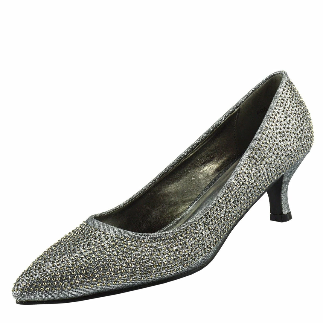 Kickfootwear Low Heel Sparkle Pointed Kitten Shoes - Pewter WOMENS 3 Kickfootwear Low Heel Sparkle Pointed Kitten Shoes - Pewter WOMENS