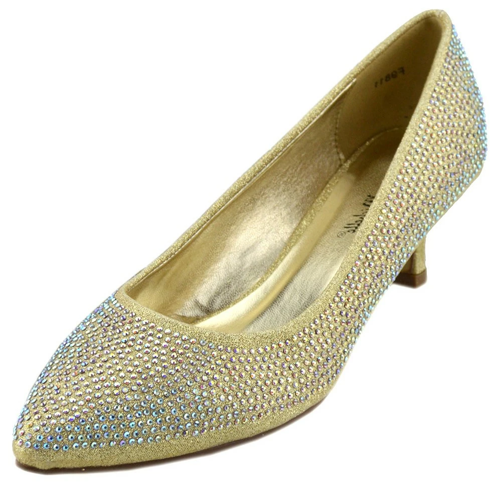 Kickfootwear Low Heel Sparkle Pointed Kitten Shoes - Gold WOMENS 6 Kickfootwear Low Heel Sparkle Pointed Kitten Shoes - Gold WOMENS