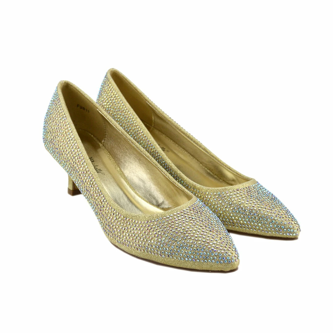 Kickfootwear Low Heel Sparkle Pointed Kitten Shoes - Gold WOMENS 3 Kickfootwear Low Heel Sparkle Pointed Kitten Shoes - Gold WOMENS