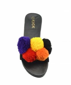 Kickfootwear WOMENS Leather Pom Pom Premium Sliders - Black